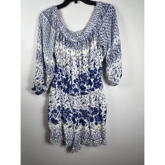 Anthropologie Clemente Blue Floral Off Shoulder Smocked Romper Jumpsuit Women M - Picture 1 of 16